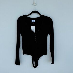 Long sleeve henley bodysuit in black